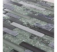 Luxury Textured Grey, Khaki Crackled Glass & Stone Mosaic Wall Tile Sheet 8mm