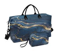 Luxury Travel Duffel Bag Set with Toiletry Pouch, Navy Blue Gold Marble Pattern, Quilted Polyester, Large 20.5x7.9x13.8 inch, Adjustable Strap, Interior Pockets