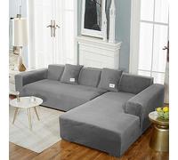 Luxury Velvet L Shaped Sofa Cover for Living Room Machine Washable Cat Scratch Resistant Soft & Comfortable Dust Proof (Dark Gray 2 Seater 145 185cm)