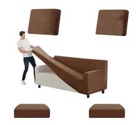 Luxury Velvet Sofa Cover Set Non-Slip Stretch Slipcovers for 1/2/3/4 Seater Sofas 5-Piece Protector Soft Brown XL 185-235cm Easy Care &