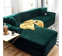 Luxury Velvet Sofa Covers for L-Shape Sofas - Stretch Elastic Furniture Protector for 1 2 3 4 Seater - Easy Fit Dark Green Durable Fabric Modern Home Décor