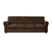 Luxury Velvet Stretch Sofa Cover Set - Non-Slip Couch Covers for/Settee Includes 4 Large Seat Cushion Covers Ties & Elastic Bands Caramel XL Size