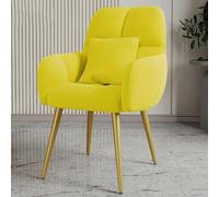 Luxury Velvet Vanity Chair with Backrest and Gold Legs Makeup Girl Chairs for Bedroom Living Room Dining Upholstered Accent Chair with Pillow (Yellow)