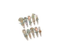 Luxury Vintage Wearable Nails Handcrafted Crystal And Natural Stone Inlay with Carved Designs Extra-Long Pointed-Tip Finished Nails,M