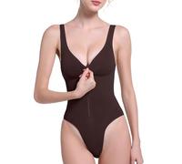 LUXURY-VITA Bodysuit Shapewear For Women Tummy Control Front Invisible Zipper Seamless Deep V Neck Thong Shapewear Bodysuits, Cocoa, Large