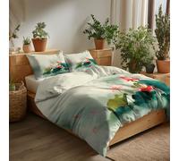 Luxury Watercolor Style Printed Double Duvet Cover Set - Reversible, Oriental Painting Misty Lotus Leaves Soft and Breathable Quilt Cover with Pillowcases Easy Care Bedding Set for All Seasons