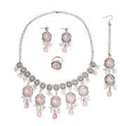 Luxury Waterdrop Rhinestone Pearls Tassel Charm Necklace Earrings Ring Maang Tikka Jewelry 4PCS Set Oxidized Antique Silver Flower Choker Ethnic Indian Retro Crystal Bollywood Bridal Wedding for Women