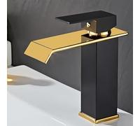 Luxury Waterfall Bathroom Sink Faucet, Matte Black & Gold Finish Single Hole Deck Mount Tap, 304 Stainless Steel Modern Basin Mixer with Ceramic Valve, Water-Saving Waterfall Spout