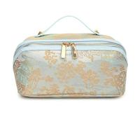 Luxury waterproof leather washroom Toiletry Bag, women's large capacity portable travel makeup bag, travel makeup bag with handle, gold zipper, blue, Portable Makeup Bag