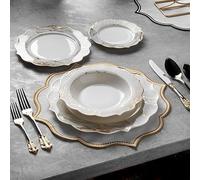 Luxury White and Gold 24 Piece New Bone China Dinnerware Set for 6 People | Dinner Plates, Soup Plates, Dessert Plates, Small Plates | Crockery Dinner Service Set by Konigtum | KOV-MA