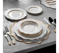 Luxury White and Gold 24 Piece New Bone China Dinnerware Set for 6 People | Dinner Plates, Soup Plates, Dessert Plates, Small Plates | Crockery Dinner Service Set by Konigtum | KOV-MP