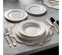 Luxury White and Gold 24 Piece New Bone China Dinnerware Set for 6 People | Dinner Plates, Soup Plates, Dessert Plates, Small Plates | Crockery Dinner Service Set by Konigtum | KOR-PG