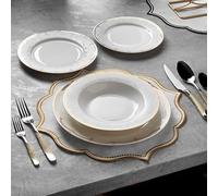 Luxury White and Gold 24 Piece New Bone China Dinnerware Set for 6 People | Dinner Plates, Soup Plates, Dessert Plates, Small Plates | Crockery Dinner Service Set by Konigtum | KOR-SS