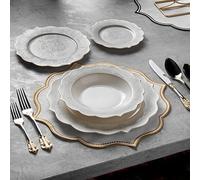 Luxury White and Gold 24 Piece New Bone China Dinnerware Set for 6 People | Dinner Plates, Soup Plates, Dessert Plates, Small Plates | Crockery Dinner Service Set by Konigtum | KOV-BU