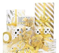 Luxury White Gold Gift Wrapping Paper Set,8 Sheets Gift Package Paper with 10 Pull Bows and 24 Yard Glitter Ribbon and 12 Thank You Sticker for Birthday Christmas Wrap Packing Paper Craft