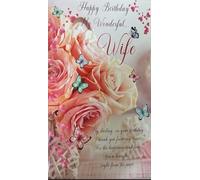 Luxury Wife Birthday Card, Pink Roses and Butterflies Design, Romantic Verse