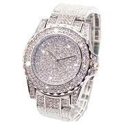 Luxury Women Watch Bling Bling Fashion Jewelry Crystal Diamond Rhinestone Ladies Watches Steel Band Round Dial Analog Clock Classic Quartz Female Charm Bracelet Dress Wristwatches, Silver