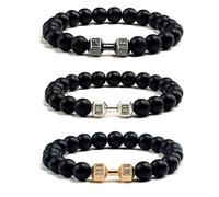 LuxurySP Dumbbell Bracelet For Men, Black Natural Lava Stone Beaded Rosary Bracelets Personalized Elastic Gym Gifts Women Jewellery (black matt stone)