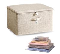 Luxvara Storage Box with Combination Lock, Collapsible Storage Box with Lid and Handle, Ideal for Clothes, Books, Toys and Medicines, Beige