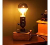 Luxvista Wooden Table Lamp Base with Crown Silver Light Bulb E27, Table Lamp Base Industrial, 1.8m Cable, Vintage Desk Lamp for Cafe, Living Room, Study Decoration