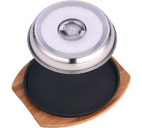 Luxylei Cast Iron Sizzler Plate Oval Serving Pan, Pre-seasoned Fajita Platter with Wooden Base and Lid for Serving Hot Sizzling Dishes