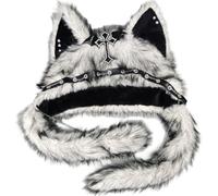 Luxylei Gothic Punk Cat Ear Beanies Hat with Cross Chain Decoration Soft Plush Warm Winter Cap for Alternative Girls Y2k Accessories