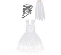Luxylei Gothic Sleeveless Bloody Dress Set, Graveyard Bride Costume for Girls, Halloween Cosplay Outfits Dress, Veil and Body Chain