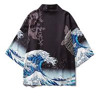 Luxylei Men's Kimono Cardigan Japanese Jackets Casual Cotton Blends Open Front Coat Wave Carp Print Linen Yukata Traditional Japan Clothing