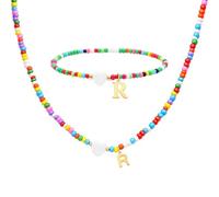 LUXYSODE Colorful Beaded Initial Necklace and Bracelet Set with Gold Letter Pendant and Shell-Like Heart Charm, Meaningful Love Forever Boho Summer Vacation Jewellery Set for Women and Girls (R)