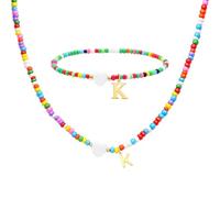 LUXYSODE Colorful Beaded Initial Necklace and Bracelet Set with Gold Letter Pendant and Shell-Like Heart Charm, Meaningful Love Forever Boho Summer Vacation Jewellery Set for Women and Girls (K)