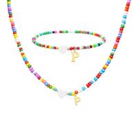 LUXYSODE Colorful Beaded Initial Necklace and Bracelet Set with Gold Letter Pendant and Shell-Like Heart Charm, Meaningful Love Forever Boho Summer Vacation Jewellery Set for Women and Girls (P)