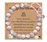 LUXYSODE Natural Stone Healing Birthday Bracelet, Adjustable Stretchy Pink Zebra Bracelet Meditation Relaxation Birthday Gift for Women Teen Girls with Encourage Quote Card (21st)