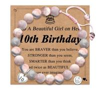 LUXYSODE Natural Stone Healing Birthday Bracelet, Adjustable Stretchy Pink Zebra Bracelet Meditation Relaxation Birthday Gift for Women Teen Girls with Encourage Quote Card (10th)