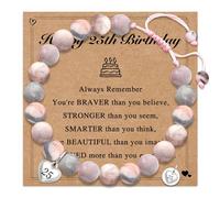 LUXYSODE Natural Stone Healing Birthday Bracelet, Adjustable Stretchy Pink Zebra Bracelet Meditation Relaxation Birthday Gift for Women Teen Girls with Encourage Quote Card (25th)