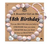 LUXYSODE Natural Stone Healing Birthday Bracelet, Adjustable Stretchy Pink Zebra Bracelet Meditation Relaxation Birthday Gift for Women Teen Girls with Encourage Quote Card (18th)