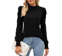LUYAA Womens Tops Dressy Casual Frill Mock Neck Smocked Cuffs T Shirts Long Puff Sleeve Blouses, Black, XXL