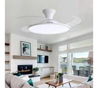 Luyaim 107cm Smart Ceiling Fan Light with Retractable Blades - 6-Speed DC Motor & Dimmable LED | App/Remote Control, 36W Quiet 4-Blade Fan for Bedroom/Living Room | Modern White Chandelier Design-B