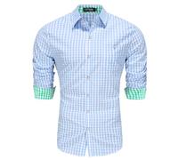 LUYANA Men Traditional Plaid Shirts German Bavarian Oktoberfest Button Down Dress Shirts Light Blue L
