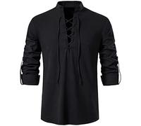 LUYANA Mens Jacobite Ghillie Shirt Grandad Collar Traditional Style Shirt Renaissance Shirt Black 3XL