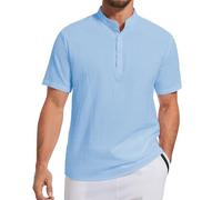 LUYANA Mens Linen Cotton Shirts Banded Collar Casual Beach Summer Short Sleeve Shirts Lightweigth Blue XL