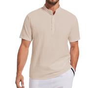 LUYANA Mens Linen Cotton Shirts Banded Collar Casual Beach Summer Short Sleeve Shirts Lightweigth Khaki L