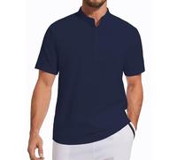 LUYANA Mens Linen Cotton Shirts Banded Collar Casual Beach Summer Short Sleeve Shirts Lightweigth Navy 3XL