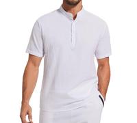 LUYANA Mens Linen Cotton Shirts Banded Collar Casual Beach Summer Short Sleeve Shirts Lightweigth White M