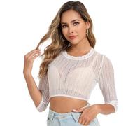 LUYANA Women Round Neck Dirndl Blouse Oktoberfest Lace Top White L