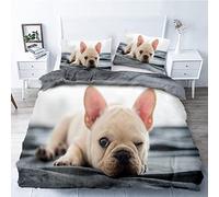 LUYAPOND Bedding Double Bed Set White French Bulldog Double Duvet Cover, Luxury Soft Microfiber Bedding Set for Kids Teens Adult, 1 Quilt Cover 200x200 cm with Zipper and 2 Pillowcases 50x75 cm