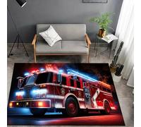 Luyemci Fire Truck Children's Rug, 60x110cm, Red Blue Light Big Truck Bedroom Carpet, Cozy Easy Clean Machine Washable Carpets, Rubber Backed Non-Slip Non-Shedding Mats for Nursery Indoor