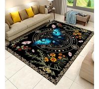 Luyemci Gothic Blue Moth Living Room Carpet, 100x150cm, Moon Phase Boho Floral Hallway Rug, Mystical Celestial Constellation No Crease Large Carpets, Durable Printed Fade Resistant Mat for Indoor