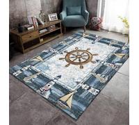 Luyemci Nautical Theme Area Rug for Bedroom, 160x200cm, Vintage Coastal Rudder Runner Rugs, Sailboat Lighthouse No Crease Pet Friendly Carpet, Reduce Noise Non-Shedding Mats for Laundryroom