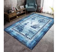 Luyemci Ocean Theme Area Rug, 160x200cm, Nautical Sailboat Compass Living Room Rugs, Turtle Starfish Octopus Anti-Skid Machine Washable Carpets, Non-Shedding Breathable Printed Mat for Dining Room