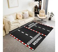 Luyemci Race Car Track Living Room Rug, 70x140cm, Start and Finish Decor Washable Carpet, Checkered Flag Car Race Shed Resistant Low-Pile Carpets, Foldable No-Crease Rugs for Sofa Bedsides